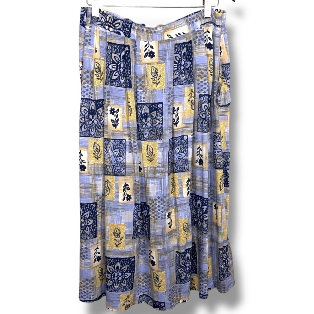 Vintage Sag Harbor Large Floral Blue Yellow Midi Skirt Elastic Waistband Retro